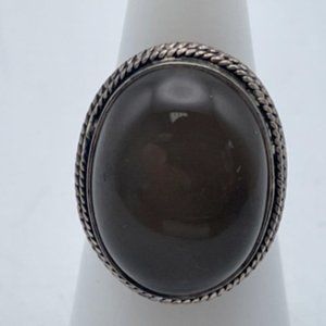 Sterling Solid Silver Plated Oval Shape Black Stone Smoky Cat's Eye Glass Ring